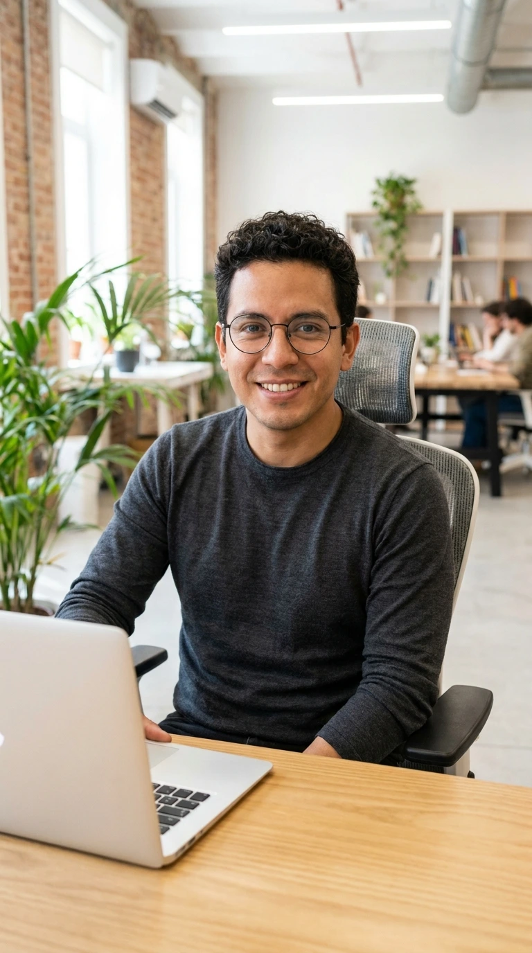A software developer working at a laptop