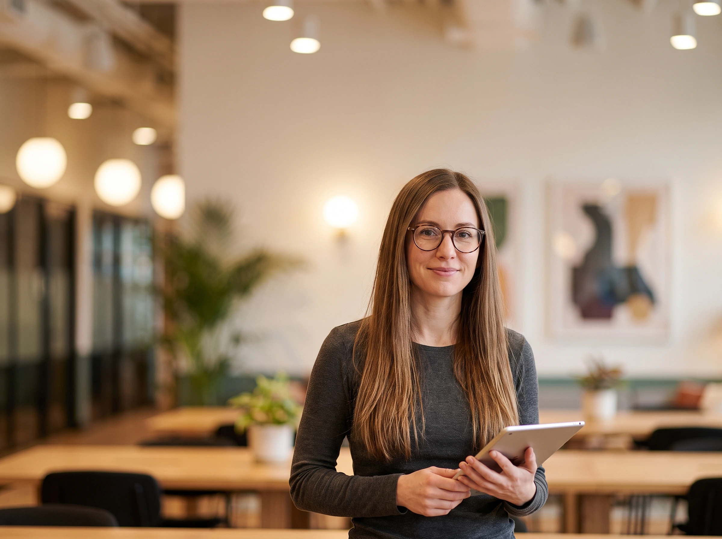 Scale Army team member holding a tablet in a bright open-plan office